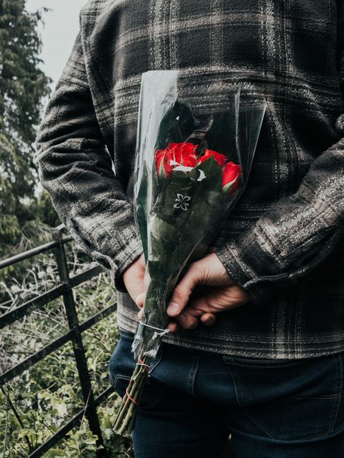A person dressed in a checkered grey and black jacket holds a bouquet of fresh red roses wrapped in clear cellophane with a black floral logo, standing outdoors next to a metal railing and lush green 